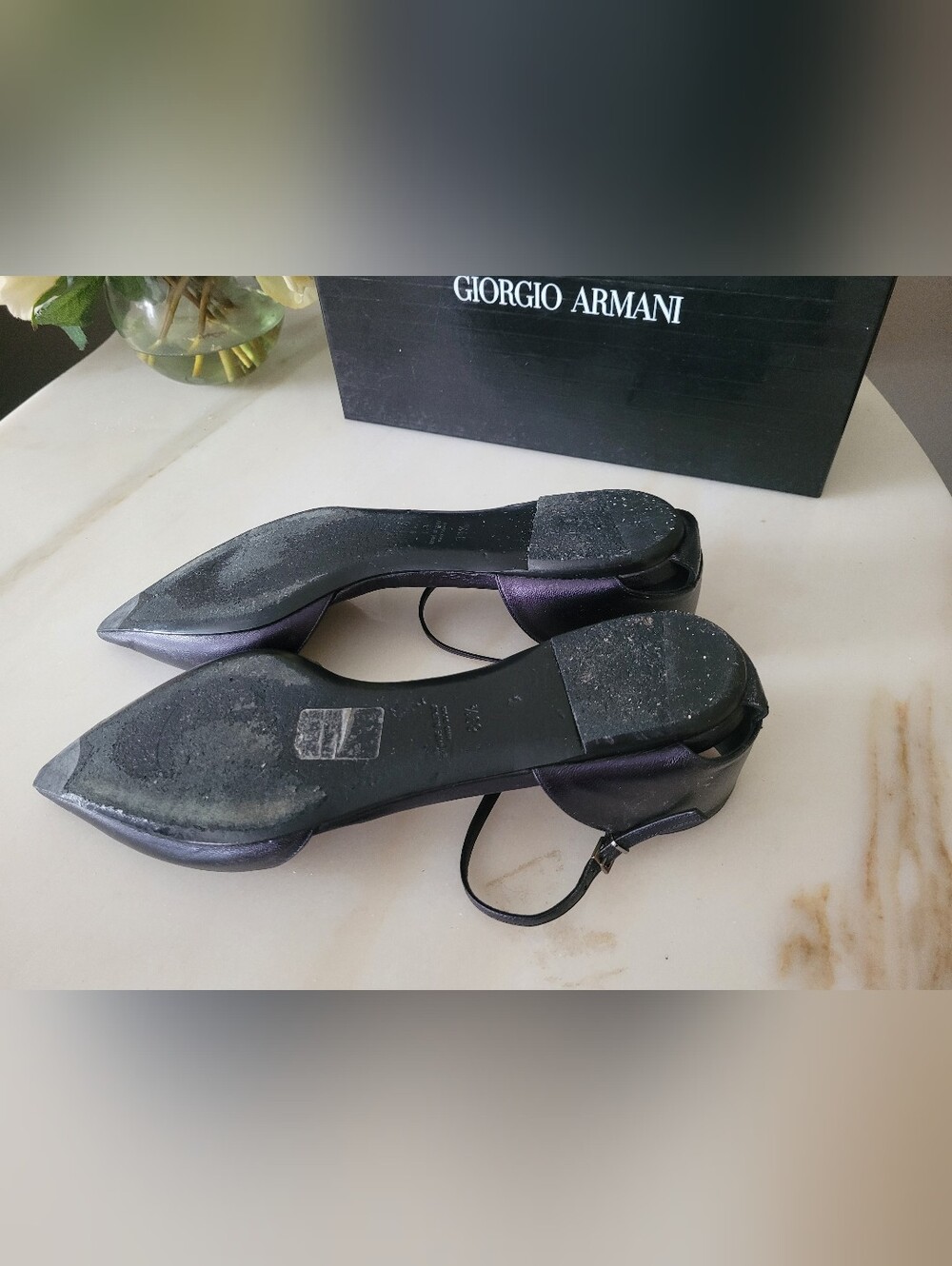 Giorgio Armani Pointed Toe Ankle-Strap Flats Black/Purple Sheen IT 39.5/US 9.5 - Picture 15 of 16